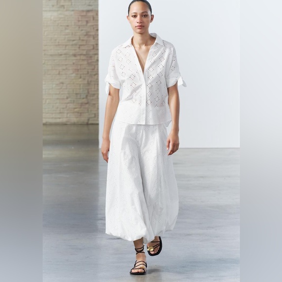 Zara embroidered 100% cotton white voluminous hem midi skirt sz.XS - Picture 3 of 16